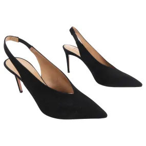 Aquazzura Black Suede V Neck Slingback Pumps - USA 7