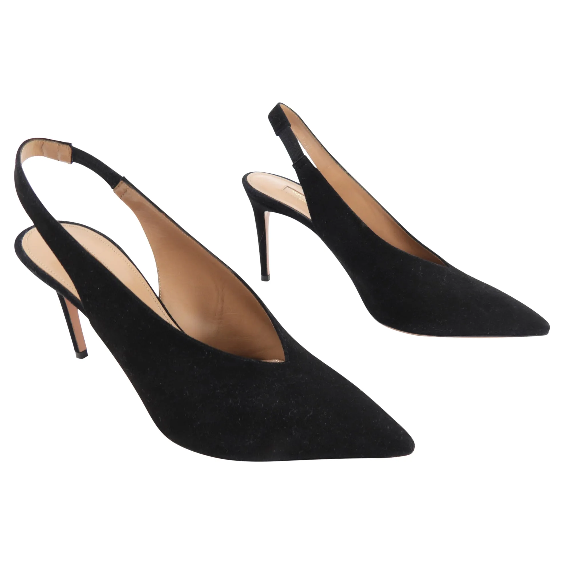 Aquazzura Black Suede V Neck Slingback Pumps - USA 7