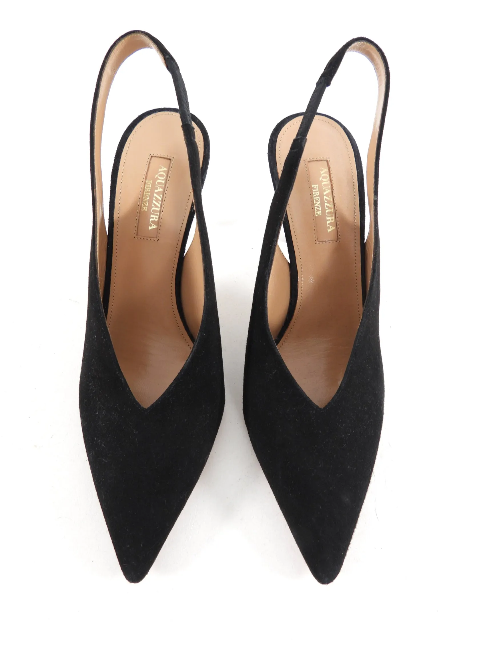 Aquazzura Black Suede V Neck Slingback Pumps - USA 7