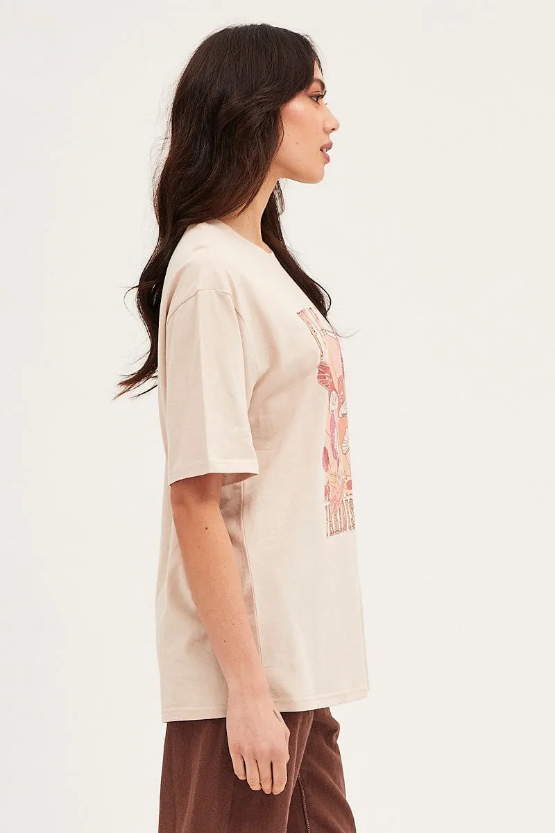 Beige Jersey Short Sleeve Graphic Tee