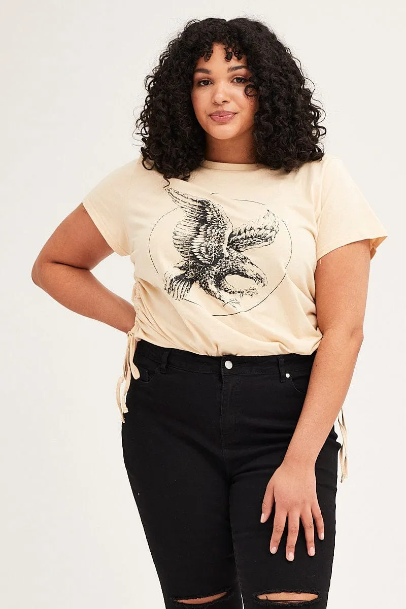 Beige Short Sleeve Eagle Drawstring T Shirt