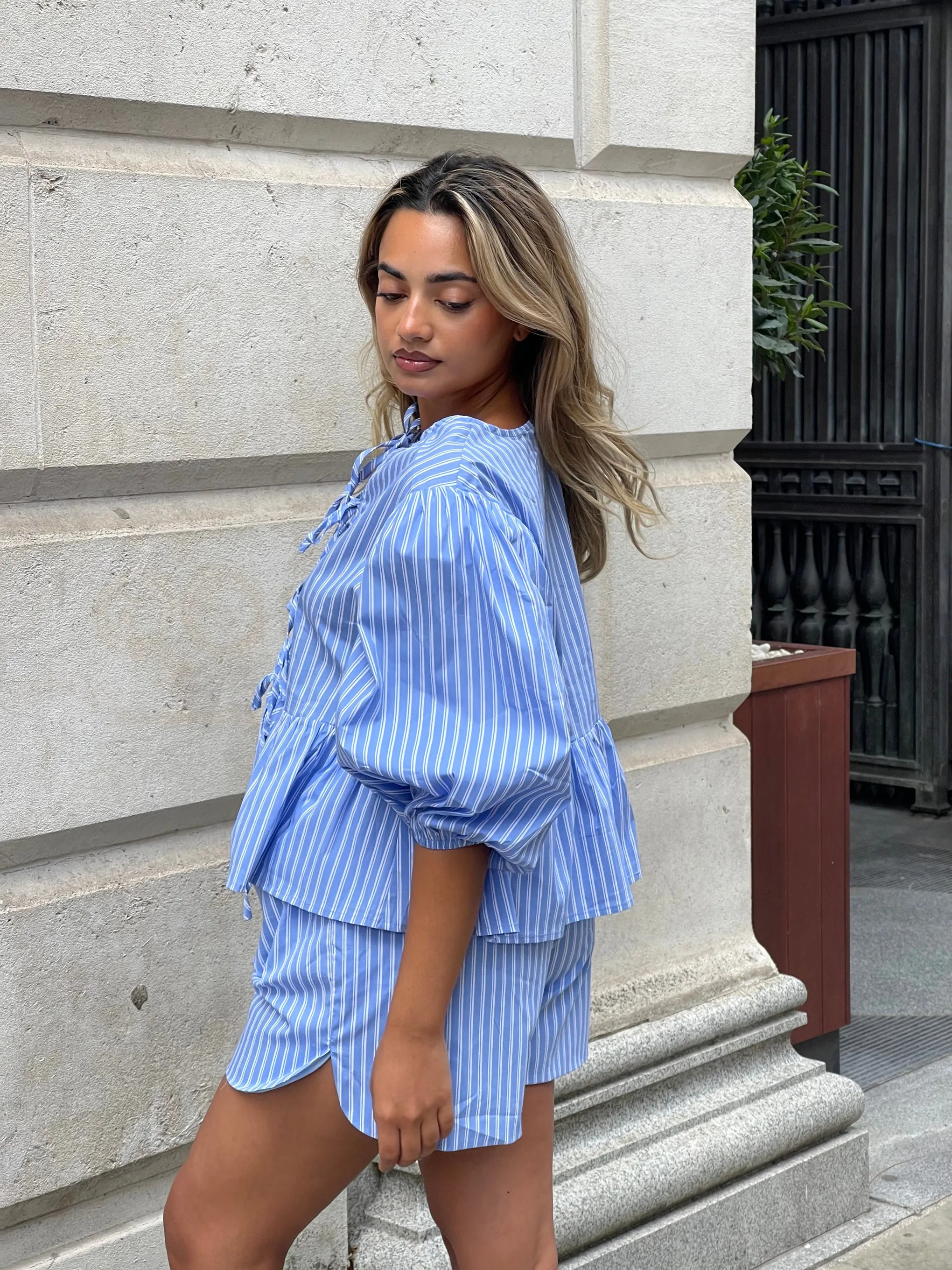 Blue-Stripe Tie-Front Peplum Top