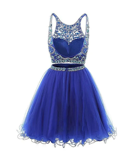 Blue two pieces tulle sequin beads short prom dress, blue homecoming