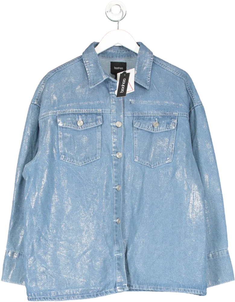 boohoo Blue Metallic Coated Denim Shirt UK 12