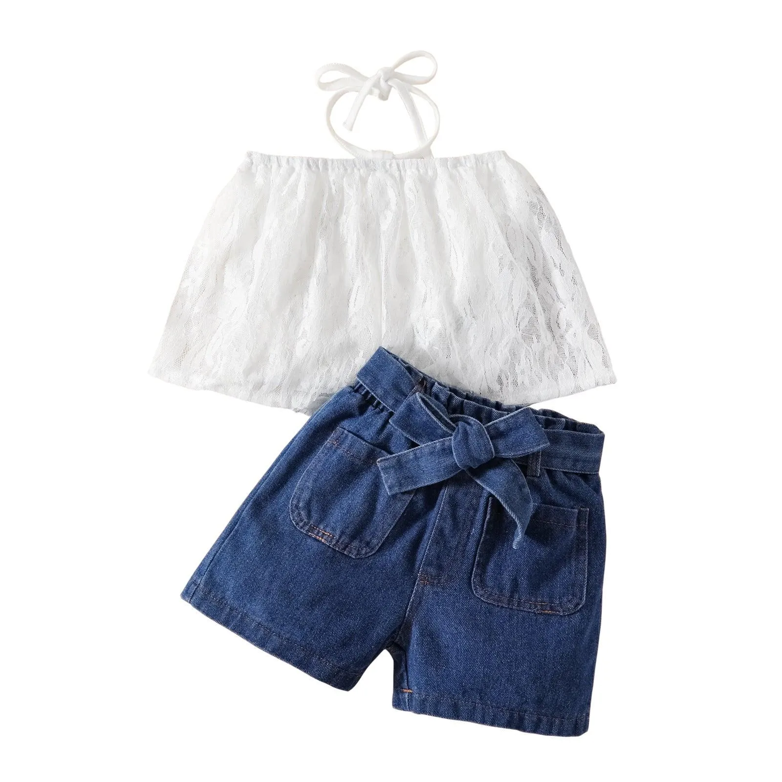 Denim Set Kids Fashion Hanging Neck Off Shoulder Personalized Shorts 2PK Set