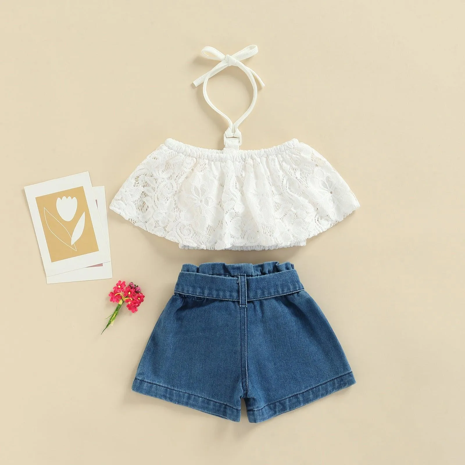 Denim Set Kids Fashion Hanging Neck Off Shoulder Personalized Shorts 2PK Set