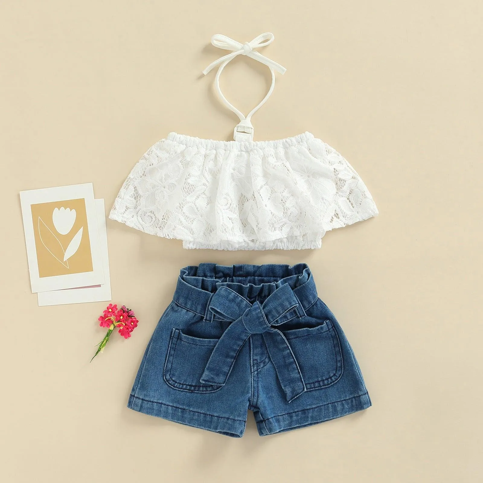 Denim Set Kids Fashion Hanging Neck Off Shoulder Personalized Shorts 2PK Set