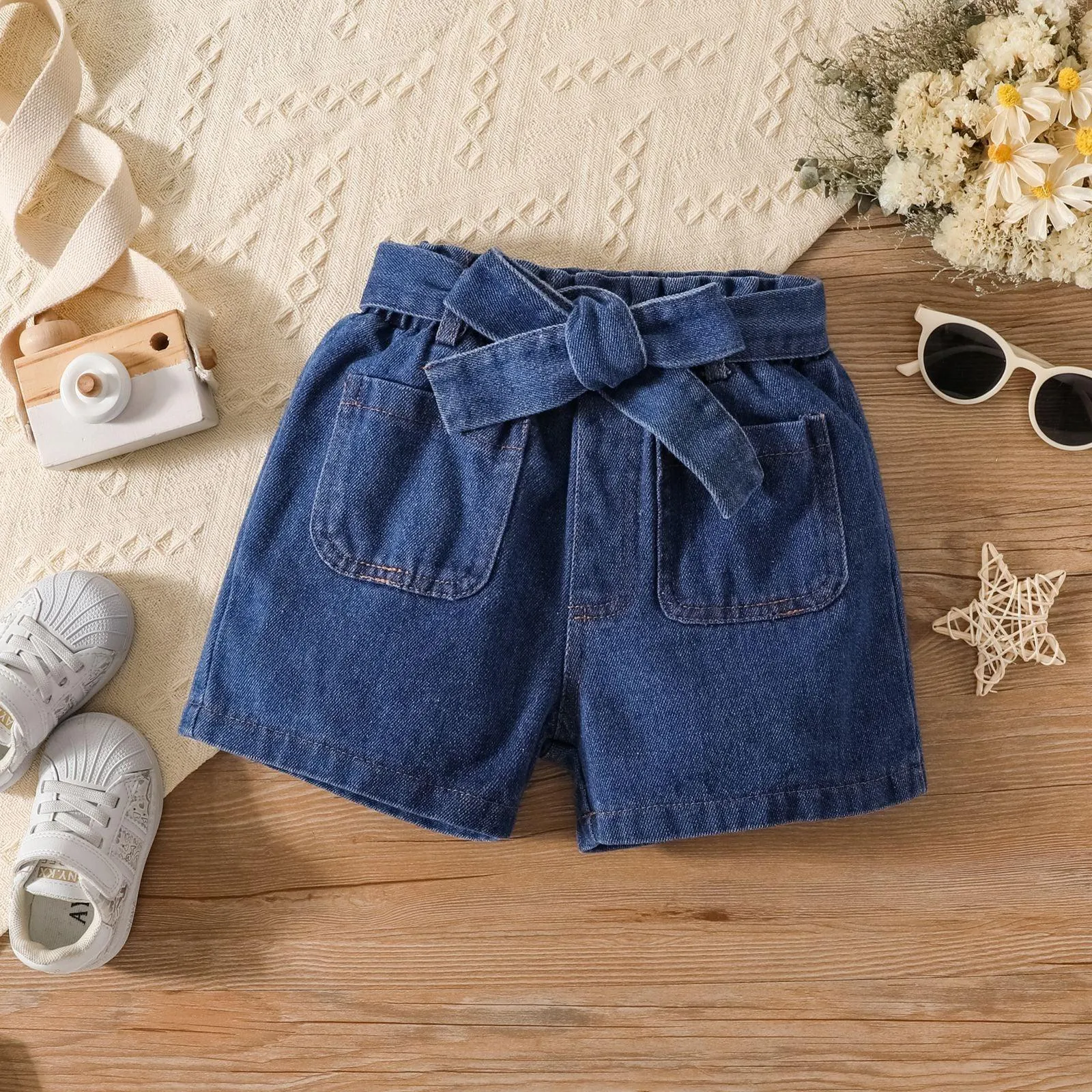 Denim Set Kids Fashion Hanging Neck Off Shoulder Personalized Shorts 2PK Set