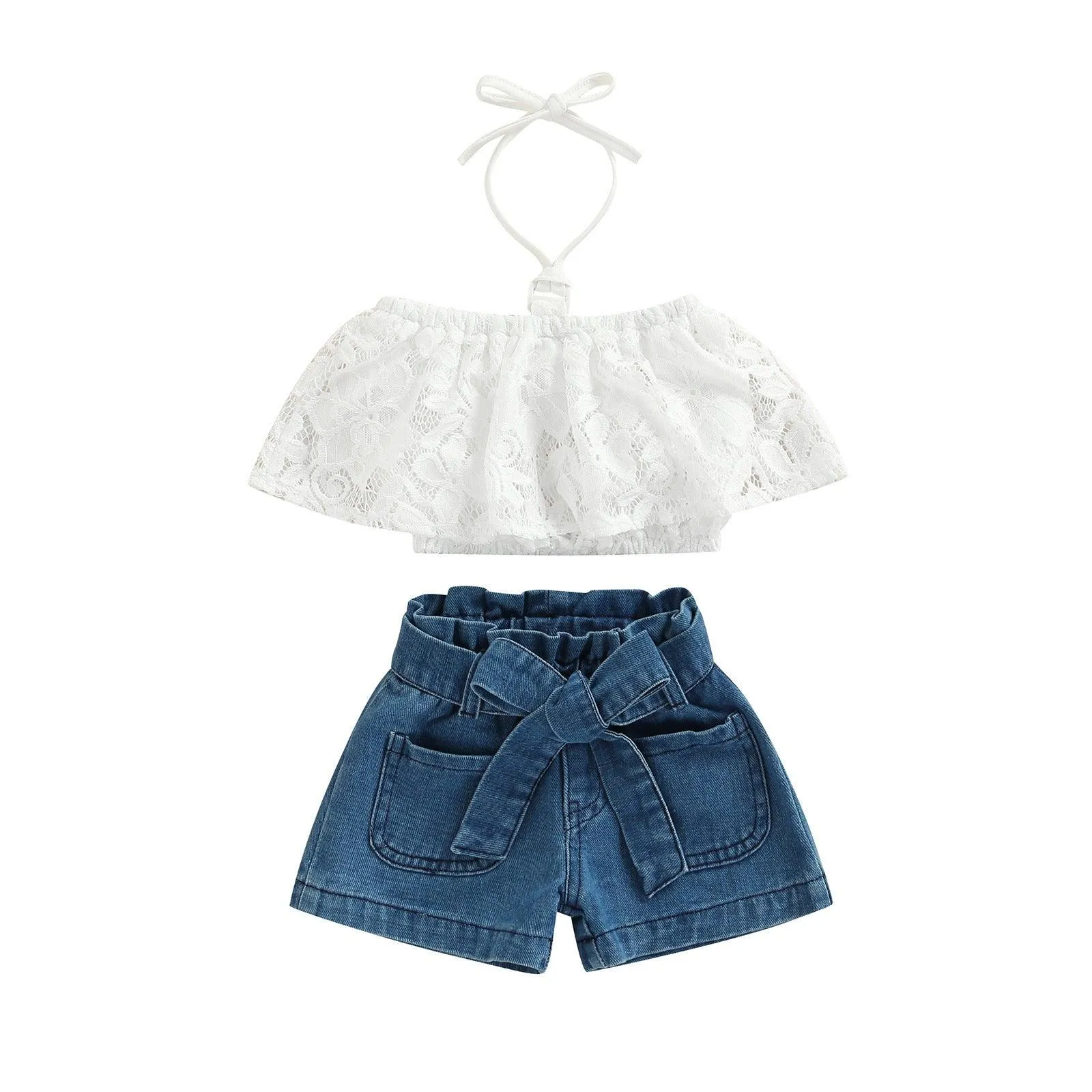 Denim Set Kids Fashion Hanging Neck Off Shoulder Personalized Shorts 2PK Set