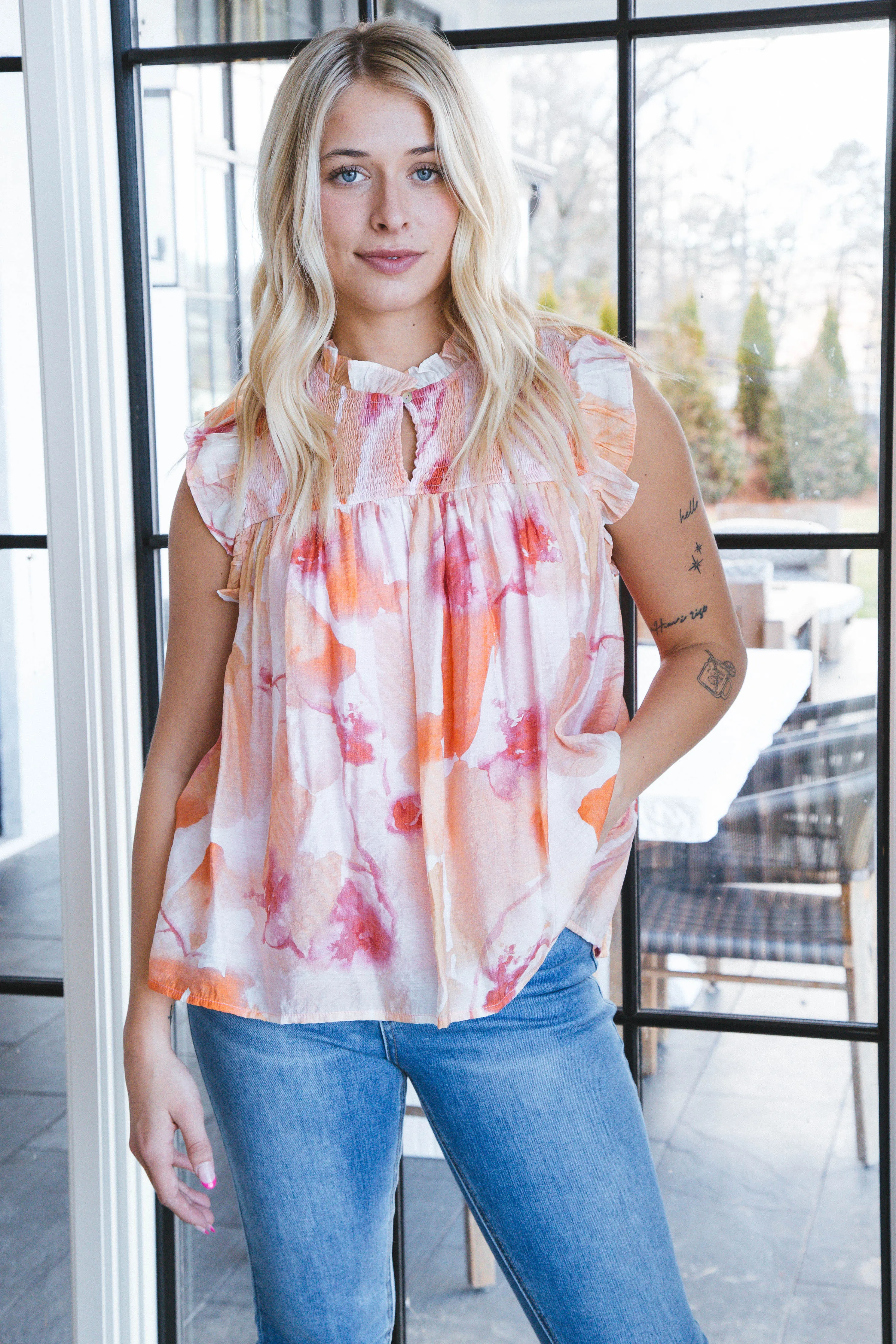 Leanna Flutter Sleeve Top, Peach Multi