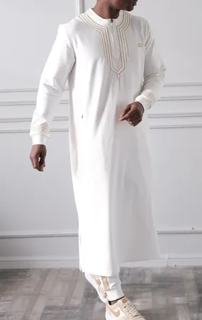 Muslim Men's Embroidered Long Thobe Kamees Sham QL in Cream