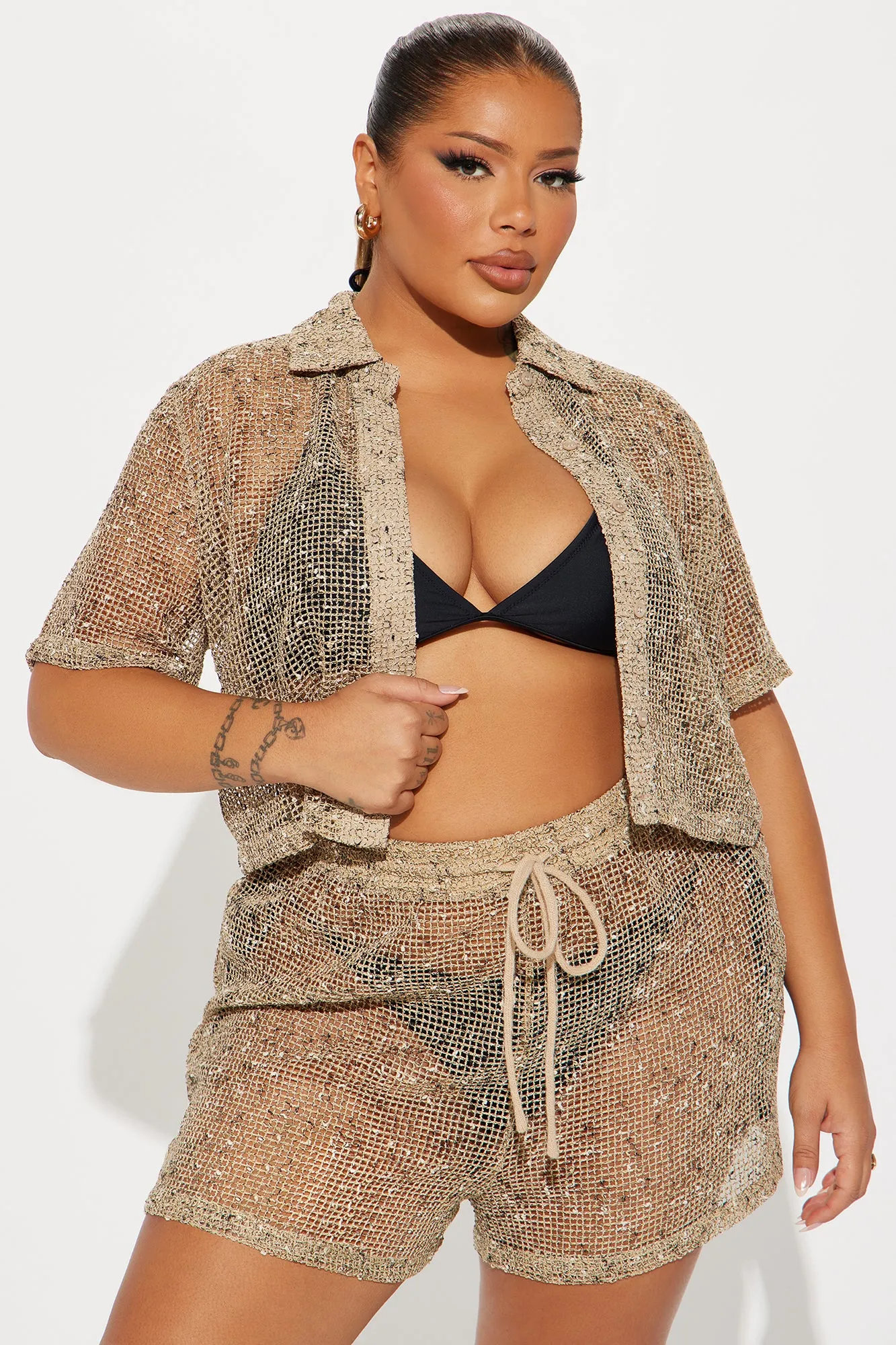 Playa Vista Crochet Cover Up Crop Top - Brown/combo