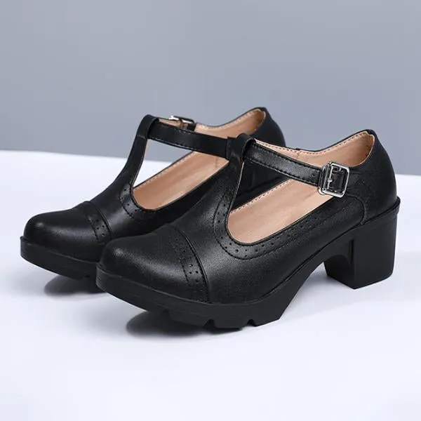 Women's Buckle Soft Sole Round Toe Chunky Heel Shoes 35147686C